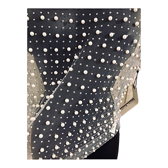 Cream Pearl Beaded rhinestone crystal sheer mesh long sleeve top size size Small - Picture 7 of 16